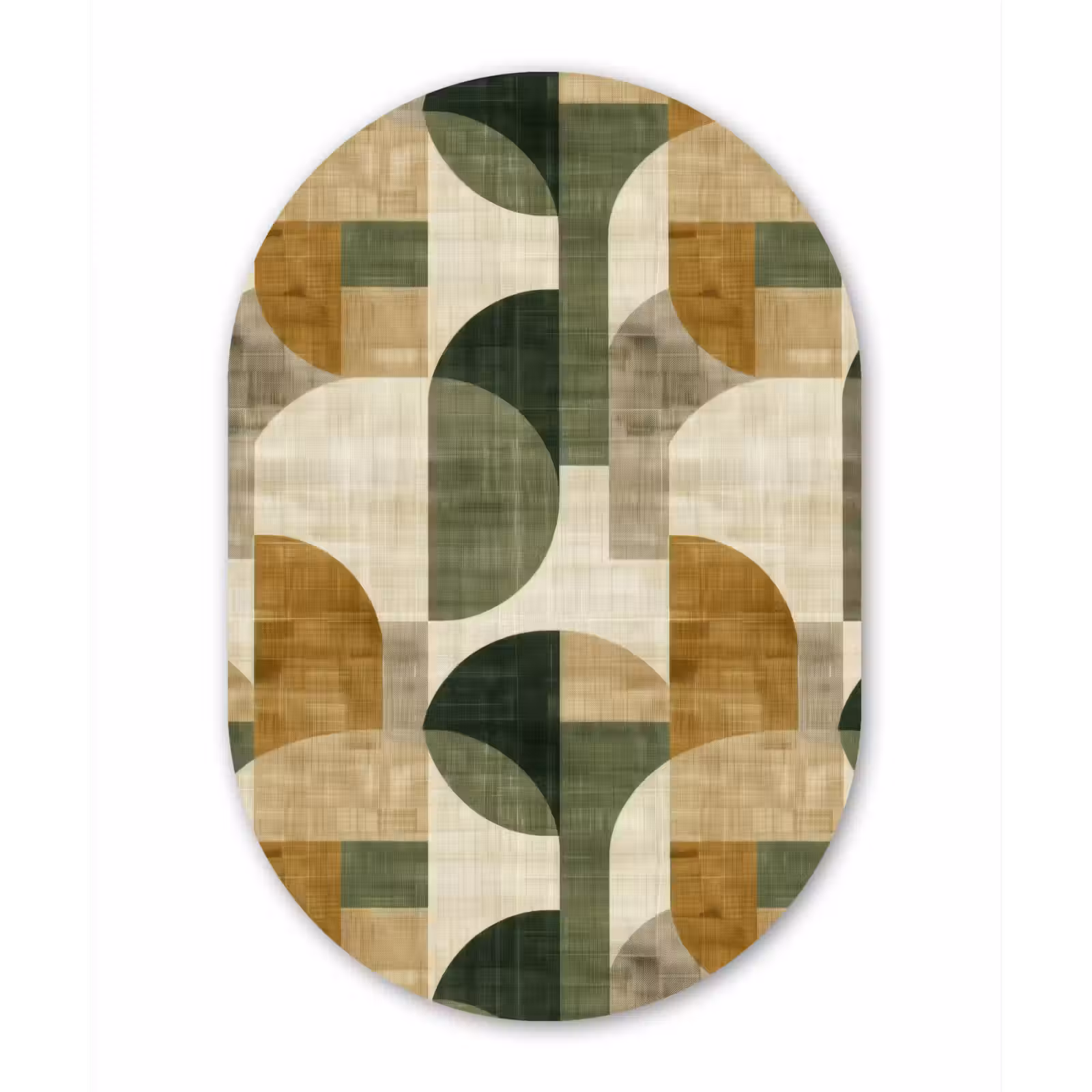 Glasbild Oval - Olivgrün – Geometrisch – Abstrakt – Mid-Century – Leinen – Muster — 1