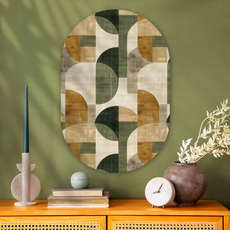 Glasbild Oval - Olivgrün – Geometrisch – Abstrakt – Mid-Century – Leinen – Muster — 2