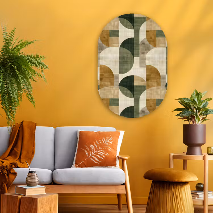 Glasbild Oval - Olivgrün – Geometrisch – Abstrakt – Mid-Century – Leinen – Muster — 3