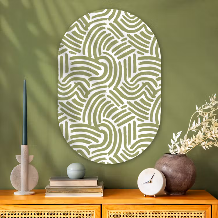 Glasbild Oval - Salbeigrün – Abstrakt – Bögen – Handgezeichnet – Muster — 2