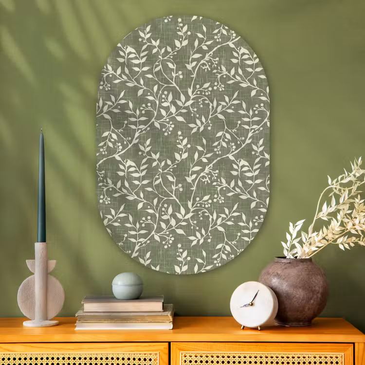 Glasbild Oval - Salbeigrün – Botanisch – Zweige – Beeren – Leinen – Muster — 2