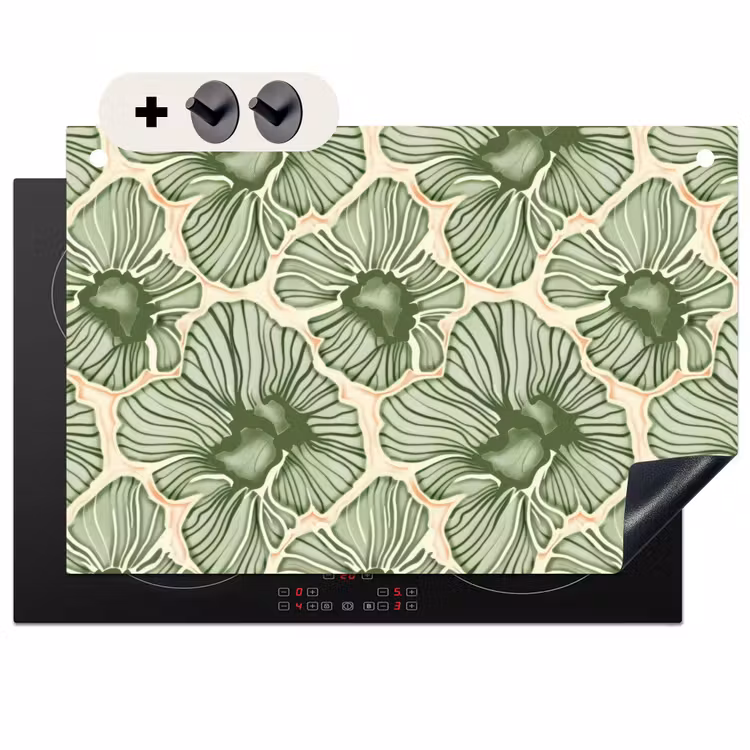 2-in-1 Herdabdeckplatte & Spritzschutz - Grün – Botanisch – Blumen – Organisch – Muster — 1
