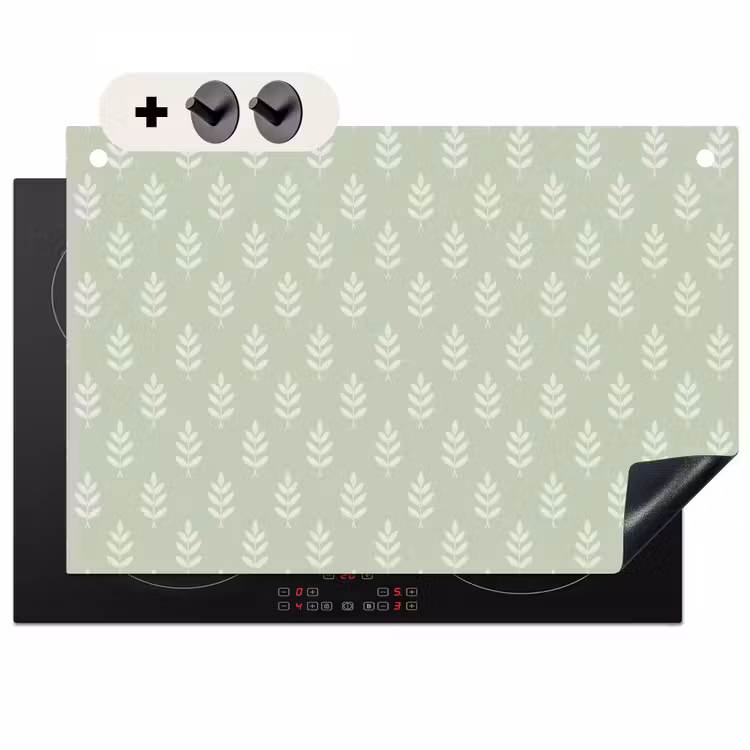 2-in-1 Herdabdeckplatte & Spritzschutz - Salbeigrün – Botanisch – Zweige – Minimalistisch – Muster — 1