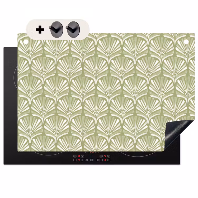 2-in-1 Herdabdeckplatte & Spritzschutz - Salbeigrün – Ginkgo Biloba – Fächer – Muster — 1