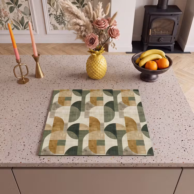 Herdabdeckplatte - Olivgrün – Geometrisch – Abstrakt – Mid-Century – Leinen – Muster — 2