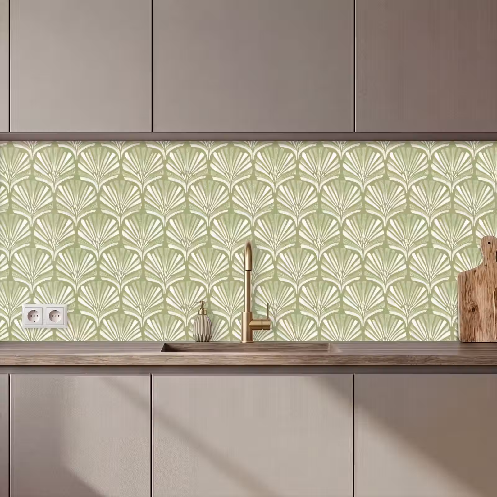 Küchenrückwand - Salbeigrün – Ginkgo Biloba – Fächer – Muster — 1
