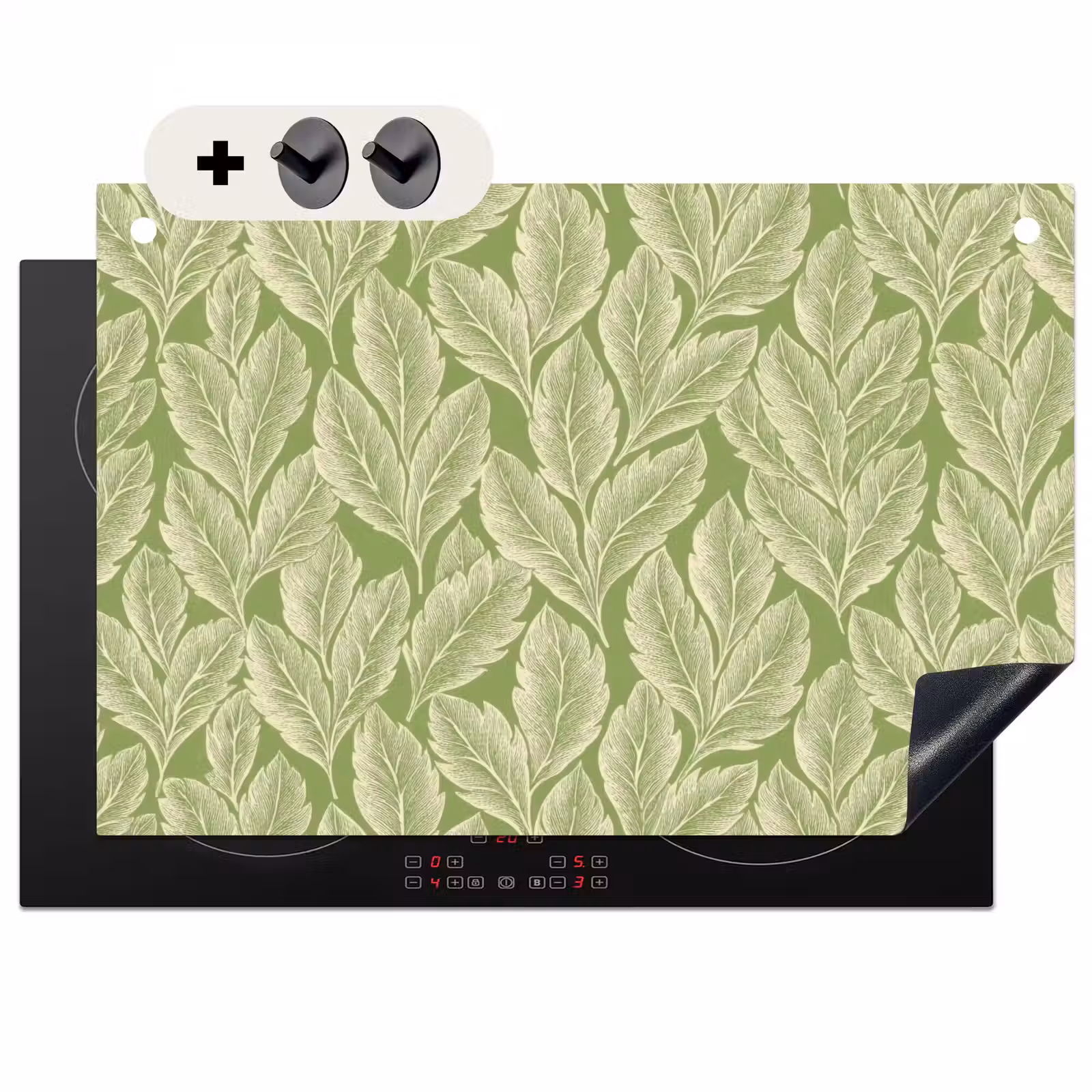 2-in-1 Herdabdeckplatte & Spritzschutz - Grün – Botanisch – Blätter – Vintage – Muster — 1