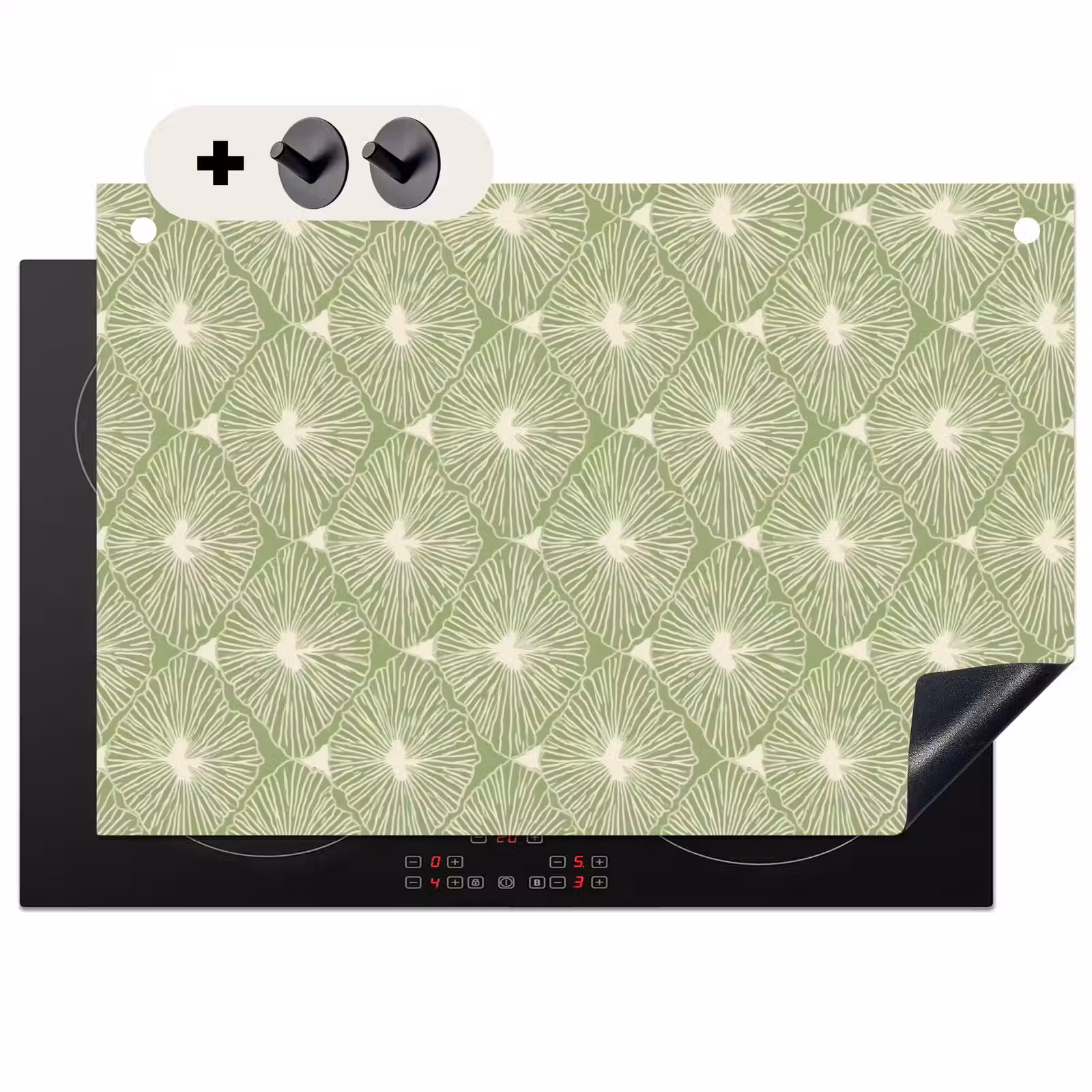 2-in-1 Herdabdeckplatte & Spritzschutz - Salbeigrün – Botanisch – Rauten – Organisch – Muster — 1