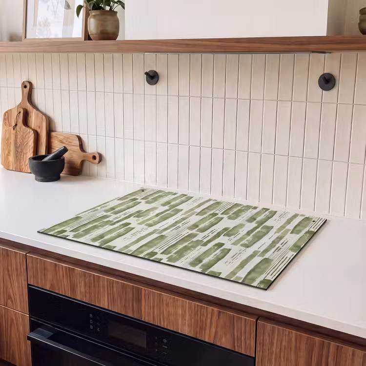 2-in-1 Herdabdeckplatte & Spritzschutz - Grün – Abstrakt – Pinselstriche – Leinen – Muster — 2
