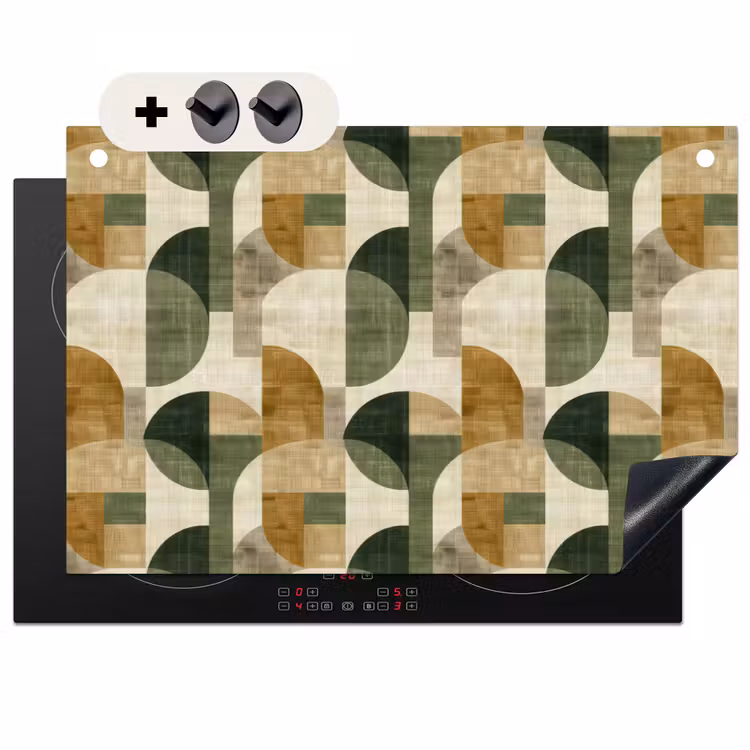 2-in-1 Herdabdeckplatte & Spritzschutz - Olivgrün – Geometrisch – Abstrakt – Mid-Century – Leinen – Muster — 1