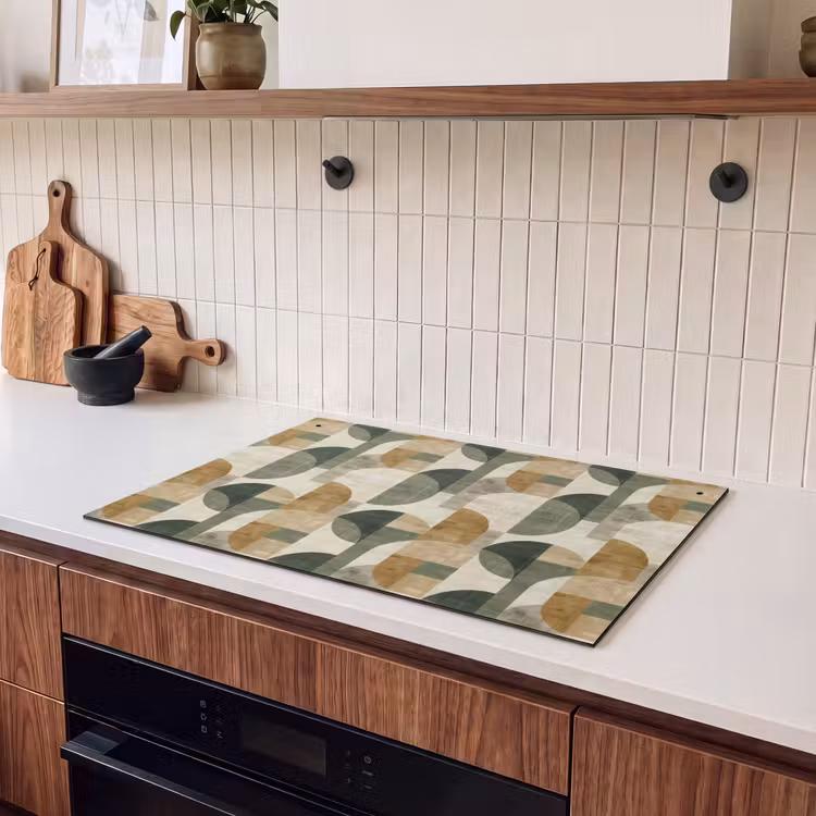 2-in-1 Herdabdeckplatte & Spritzschutz - Olivgrün – Geometrisch – Abstrakt – Mid-Century – Leinen – Muster — 2