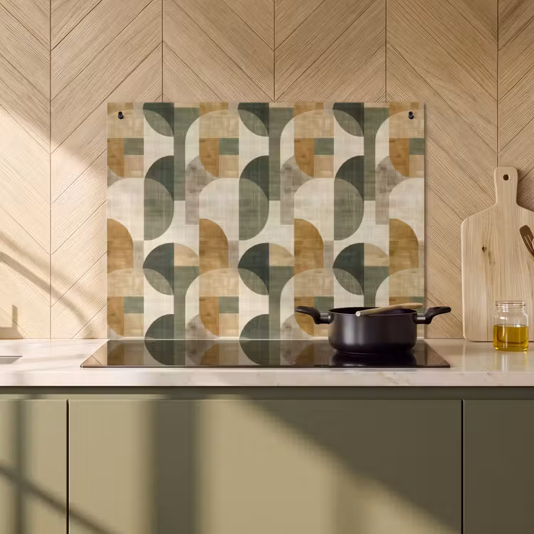 2-in-1 Herdabdeckplatte & Spritzschutz - Olivgrün – Geometrisch – Abstrakt – Mid-Century – Leinen – Muster — 3