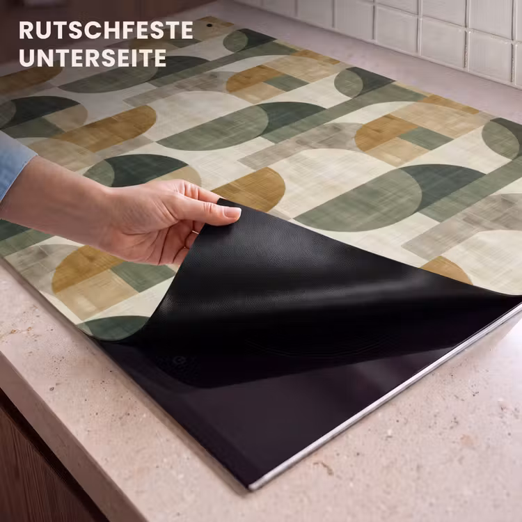 2-in-1 Herdabdeckplatte & Spritzschutz - Olivgrün – Geometrisch – Abstrakt – Mid-Century – Leinen – Muster — 4