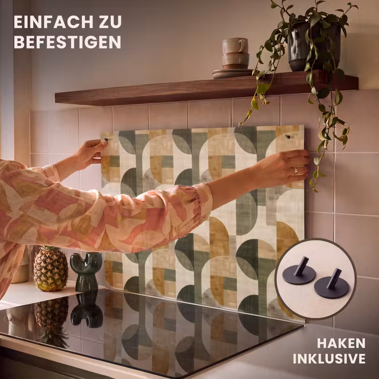 2-in-1 Herdabdeckplatte & Spritzschutz - Olivgrün – Geometrisch – Abstrakt – Mid-Century – Leinen – Muster — 7