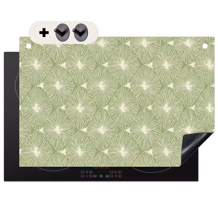 2-in-1 Herdabdeckplatte & Spritzschutz - Salbeigrün – Botanisch – Rauten – Organisch – Muster — 1
