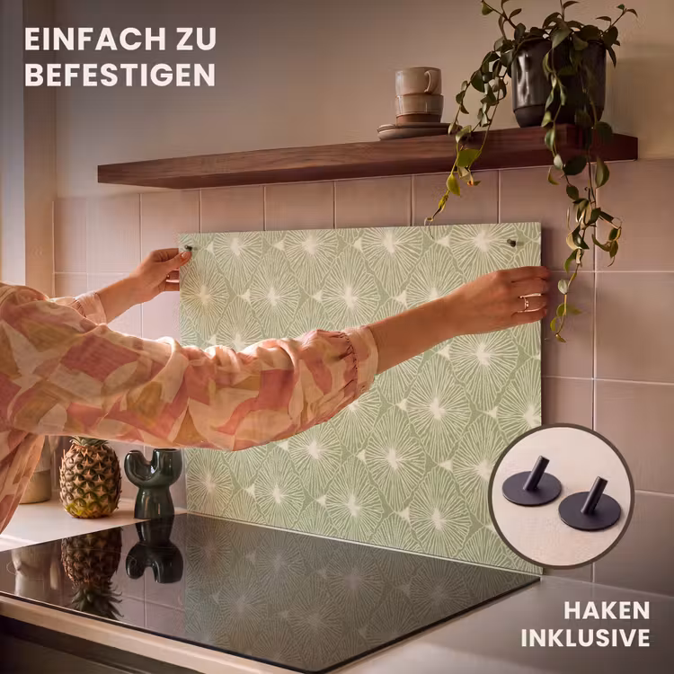 2-in-1 Herdabdeckplatte & Spritzschutz - Salbeigrün – Botanisch – Rauten – Organisch – Muster — 7