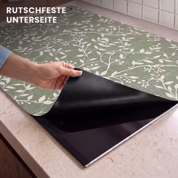 2-in-1 Herdabdeckplatte & Spritzschutz - Salbeigrün – Botanisch – Zweige – Beeren – Leinen – Muster — 4