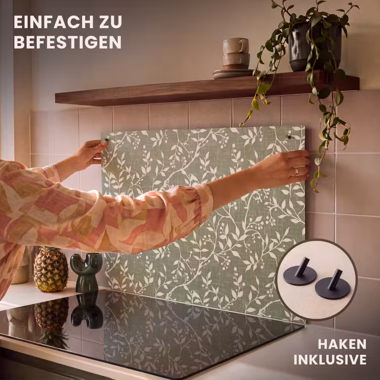 2-in-1 Herdabdeckplatte & Spritzschutz - Salbeigrün – Botanisch – Zweige – Beeren – Leinen – Muster — 7