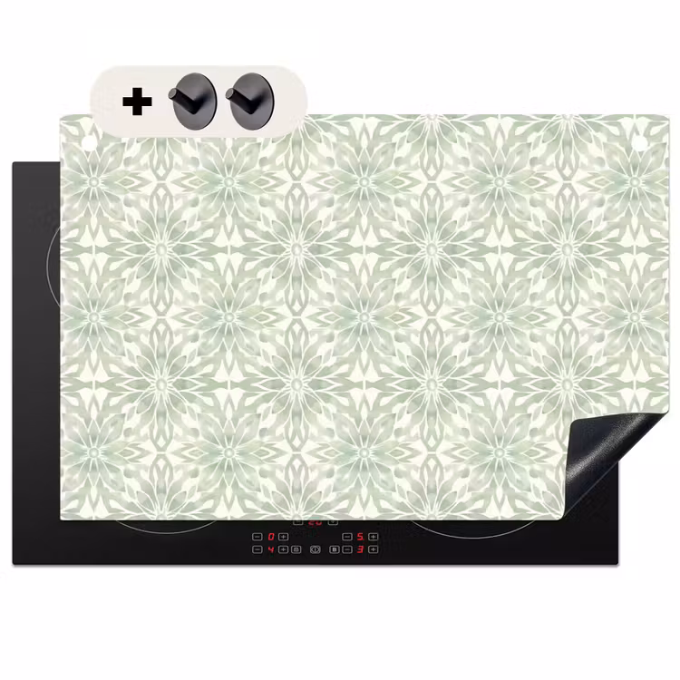 2-in-1 Herdabdeckplatte & Spritzschutz - Salbeigrün – Symmetrisch – Mandala – Ornament – Muster — 1