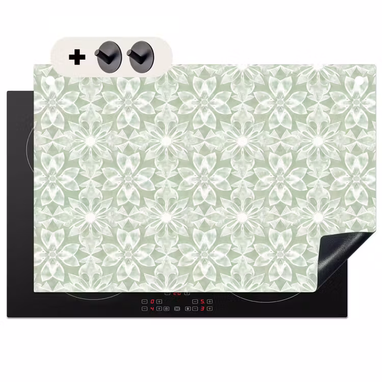 2-in-1 Herdabdeckplatte & Spritzschutz - Salbeigrün – Symmetrisch – Mandala – Ornament – Muster — 1