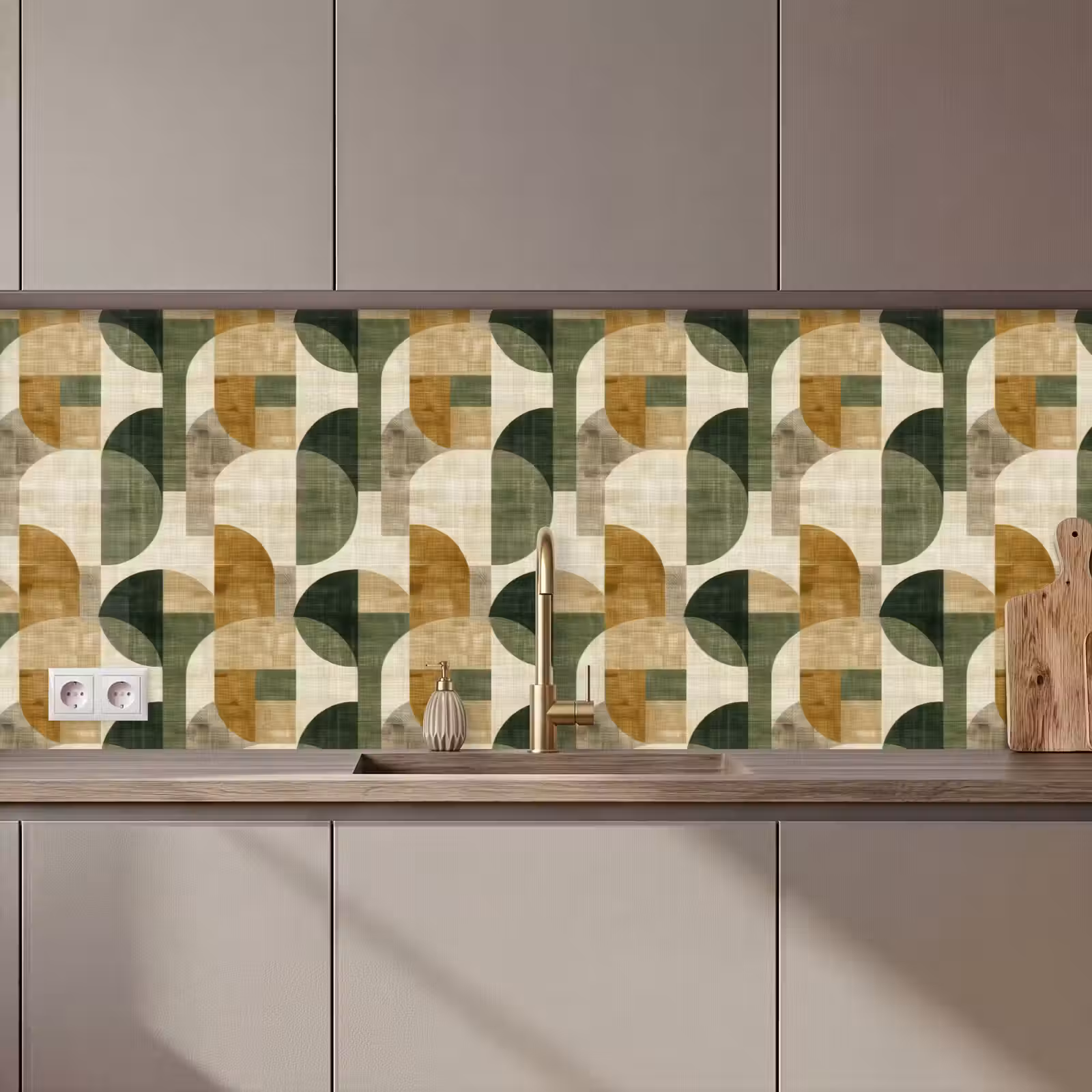 Küchenrückwand - Olivgrün – Geometrisch – Abstrakt – Mid-Century – Leinen – Muster — 1