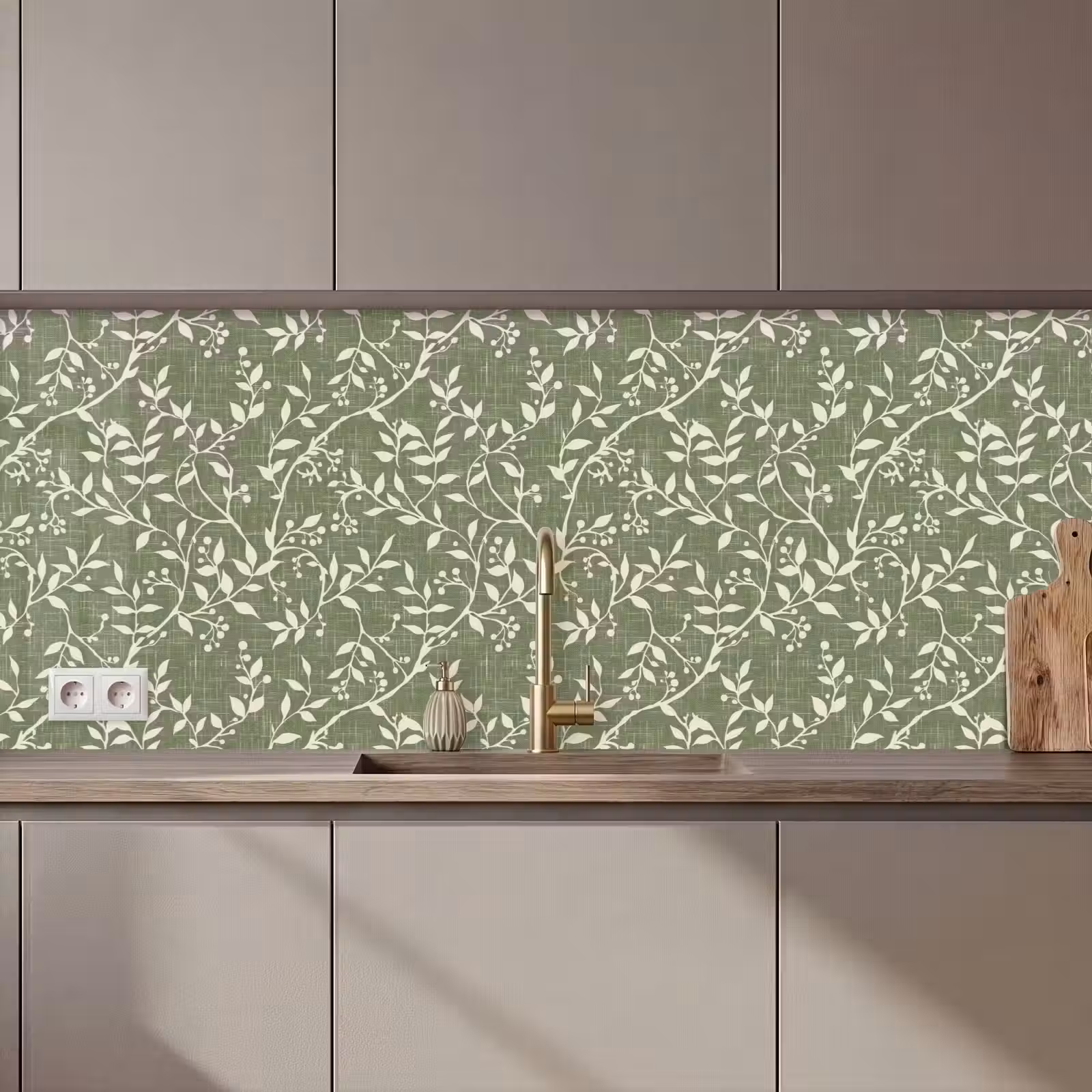 Küchenrückwand - Salbeigrün – Botanisch – Zweige – Beeren – Leinen – Muster — 1