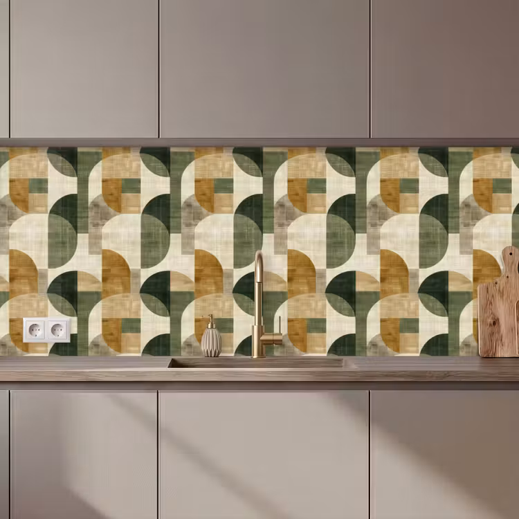 Küchenrückwand - Olivgrün – Geometrisch – Abstrakt – Mid-Century – Leinen – Muster — 1