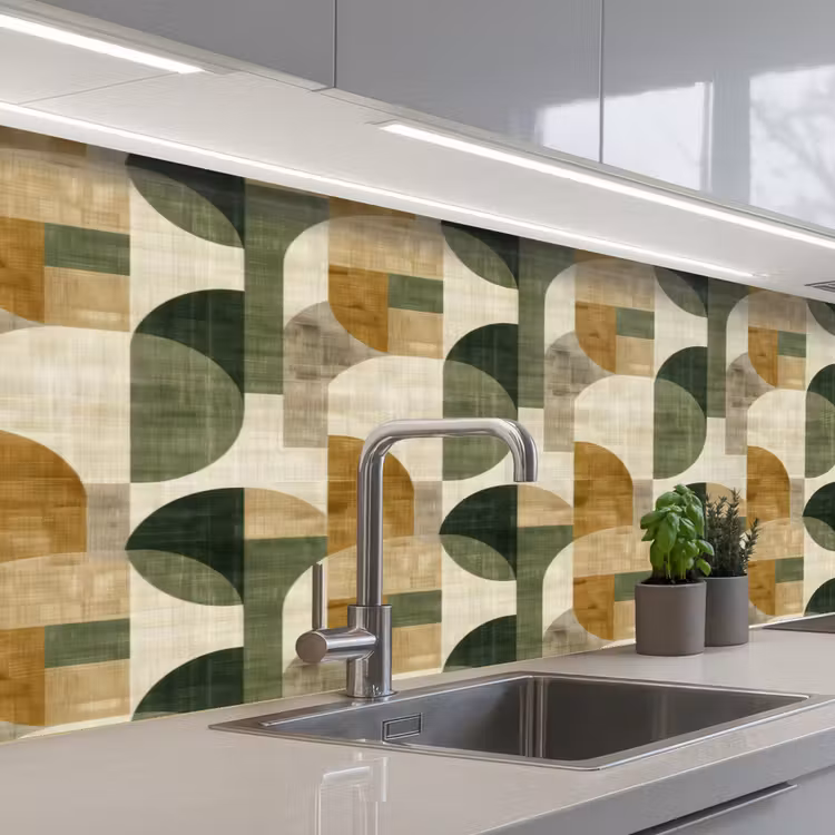 Küchenrückwand - Olivgrün – Geometrisch – Abstrakt – Mid-Century – Leinen – Muster — 2