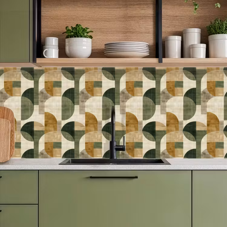 Küchenrückwand - Olivgrün – Geometrisch – Abstrakt – Mid-Century – Leinen – Muster — 8