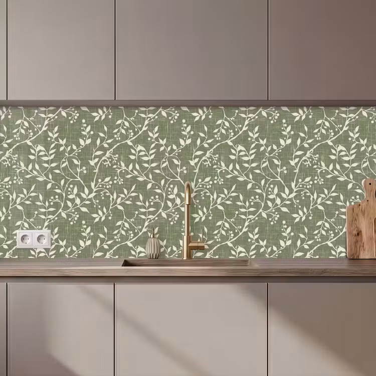 Küchenrückwand - Salbeigrün – Botanisch – Zweige – Beeren – Leinen – Muster — 1