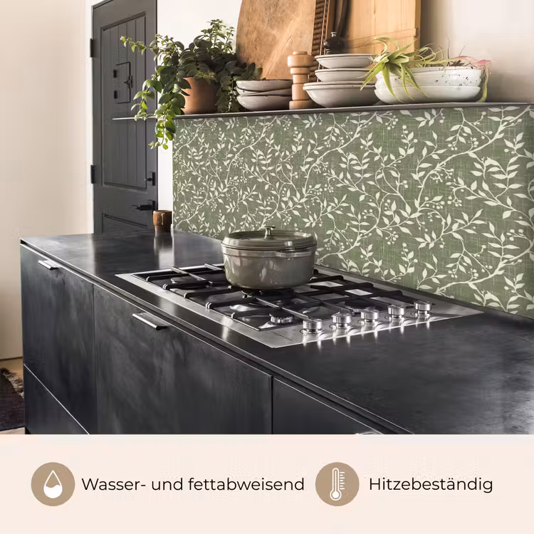 Küchenrückwand - Salbeigrün – Botanisch – Zweige – Beeren – Leinen – Muster — 5