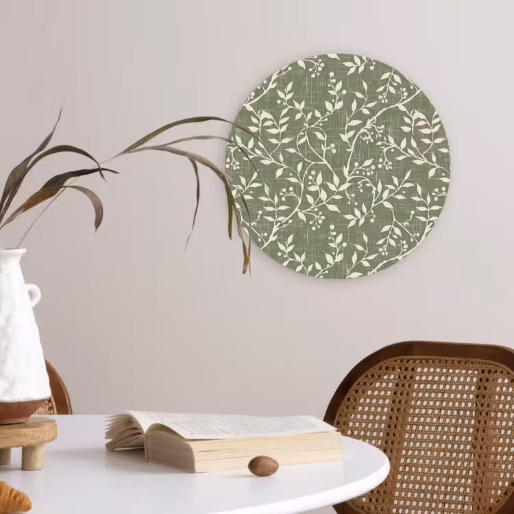 Forexbild Rund - Salbeigrün – Botanisch – Zweige – Beeren – Leinen – Muster — 4