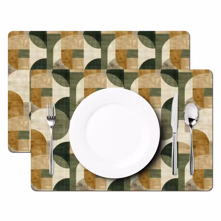 Tischset - 6 Stück - Olivgrün – Geometrisch – Abstrakt – Mid-Century – Leinen – Muster — 2