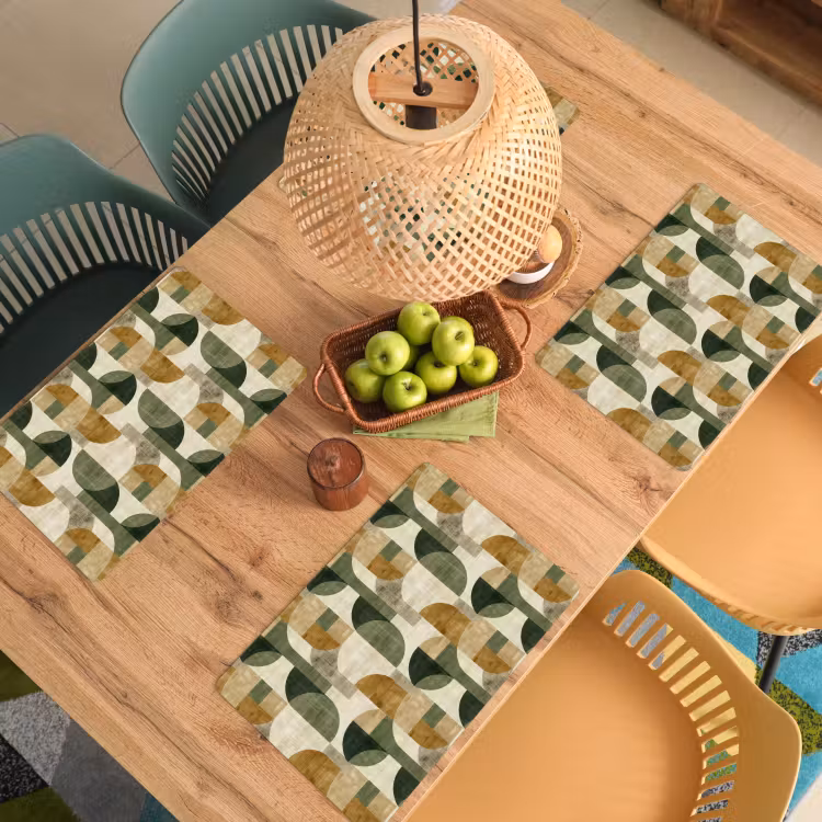 Tischset - 6 Stück - Olivgrün – Geometrisch – Abstrakt – Mid-Century – Leinen – Muster — 5