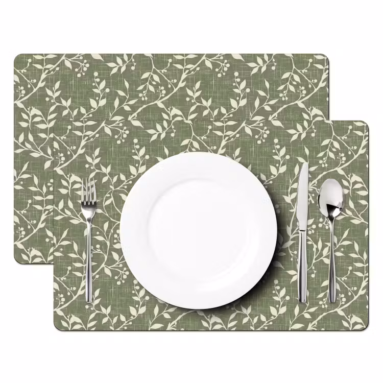 Tischset - 6 Stück - Salbeigrün – Botanisch – Zweige – Beeren – Leinen – Muster — 2