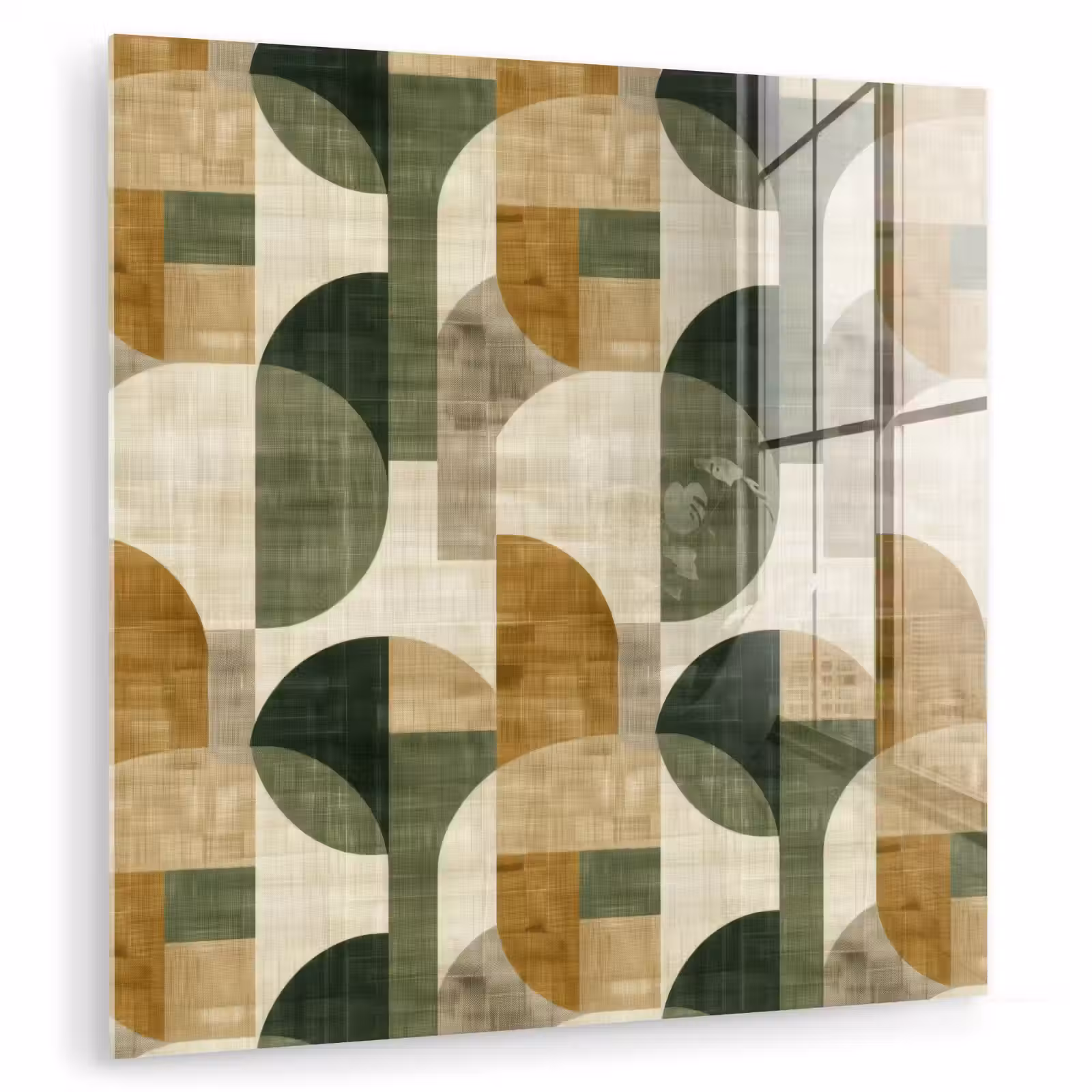 Glasbild - Olivgrün – Geometrisch – Abstrakt – Mid-Century – Leinen – Muster — 1