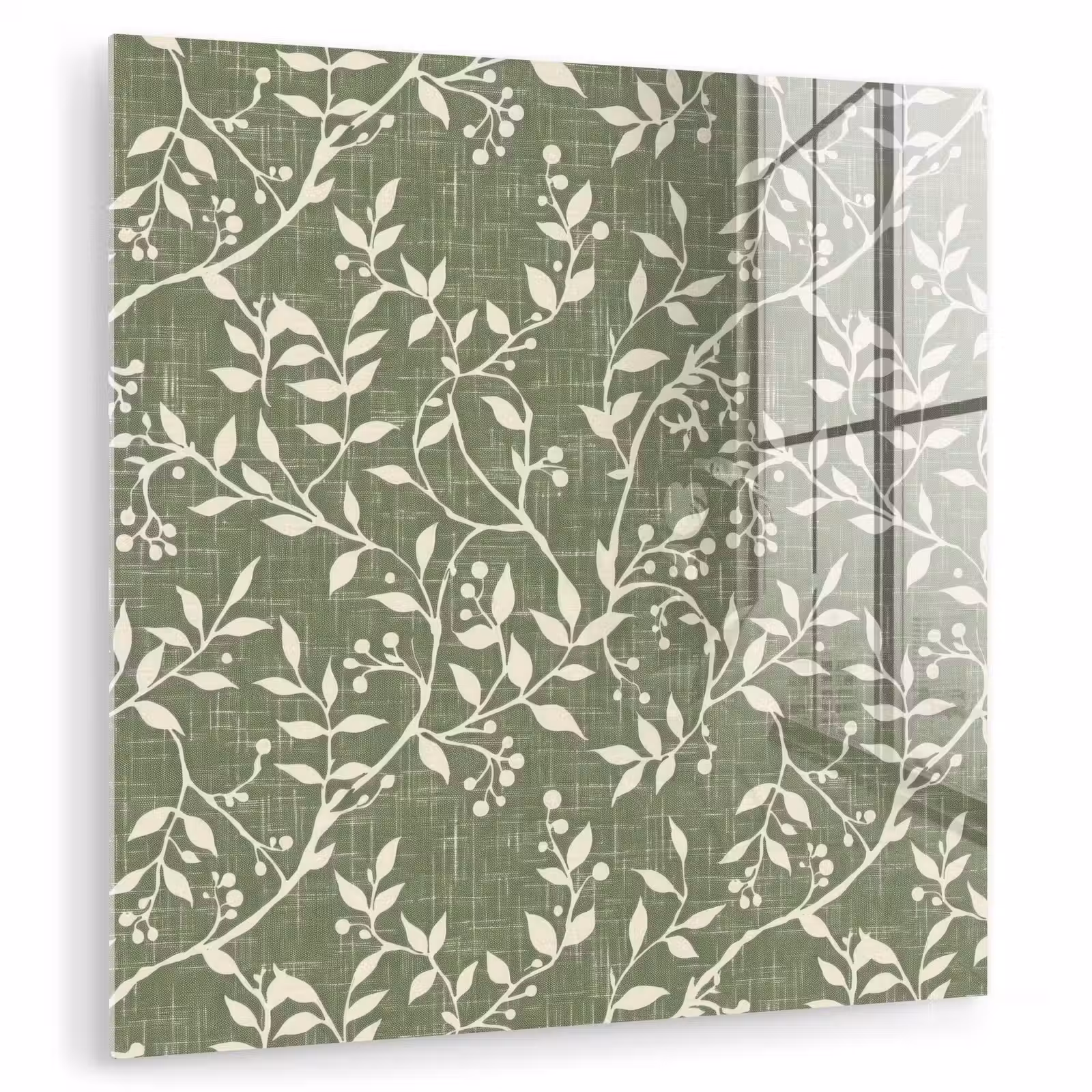 Glasbild - Salbeigrün – Botanisch – Zweige – Beeren – Leinen – Muster — 1