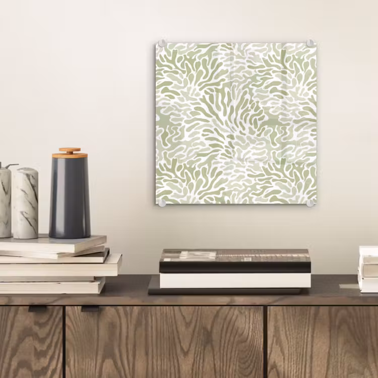 Glasbild - Salbeigrün – Abstrakt – Organisch – Korallenrot – Muster — 2