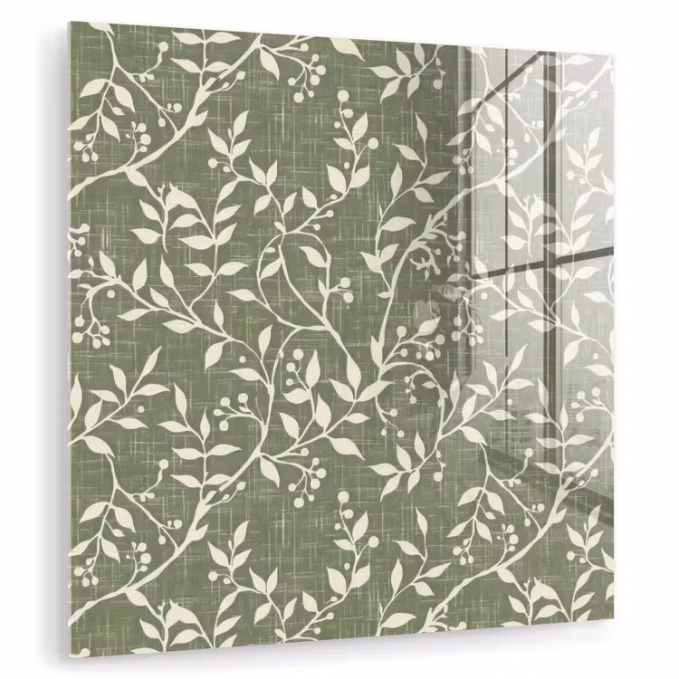 Glasbild - Salbeigrün – Botanisch – Zweige – Beeren – Leinen – Muster — 1