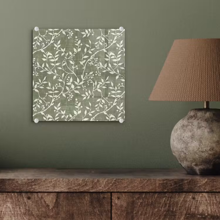 Glasbild - Salbeigrün – Botanisch – Zweige – Beeren – Leinen – Muster — 4