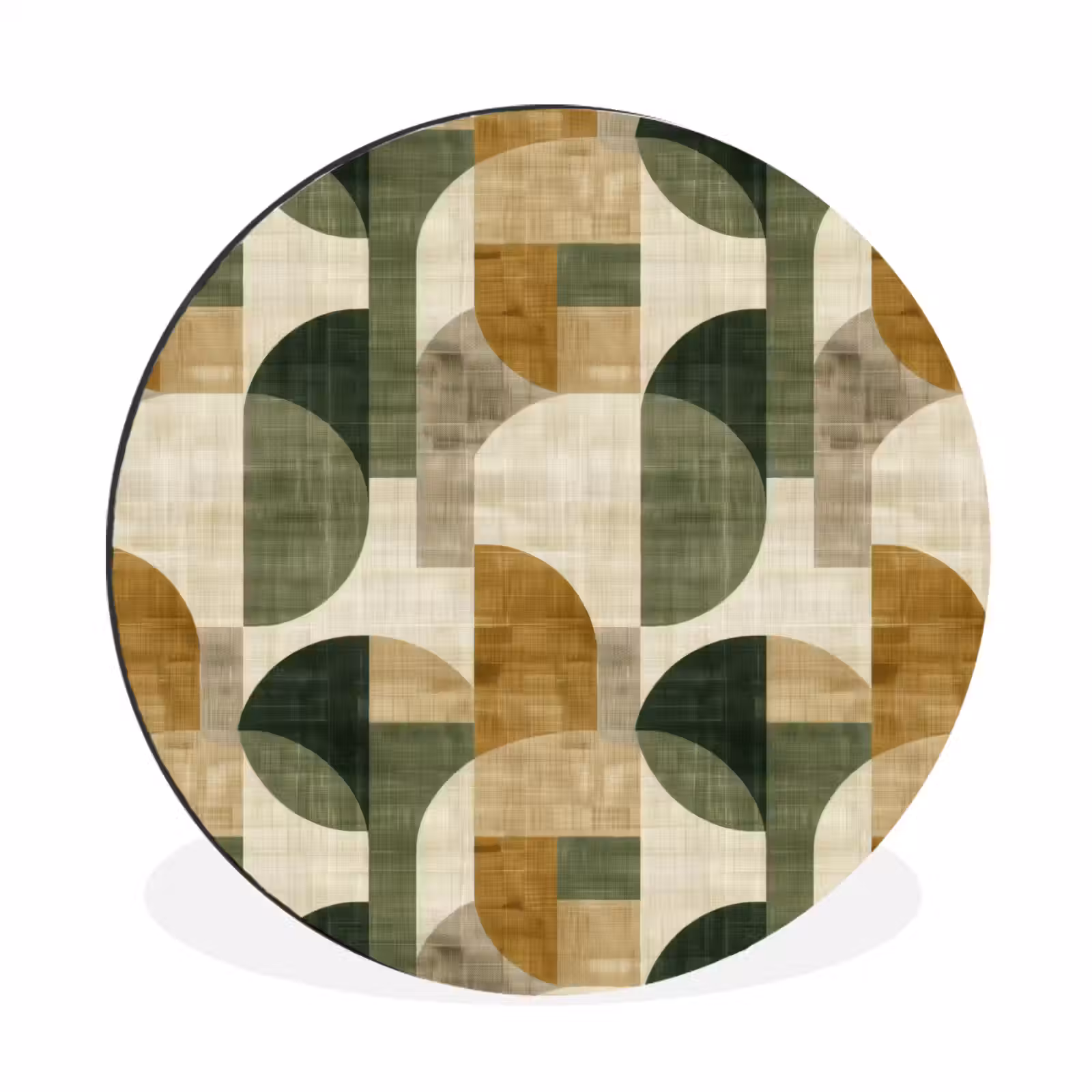 Alu-Dibond-Bild Rund - Olivgrün – Geometrisch – Abstrakt – Mid-Century – Leinen – Muster — 1