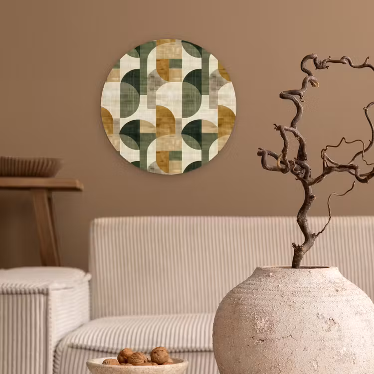 Glasbild Rund - Olivgrün – Geometrisch – Abstrakt – Mid-Century – Leinen – Muster — 2