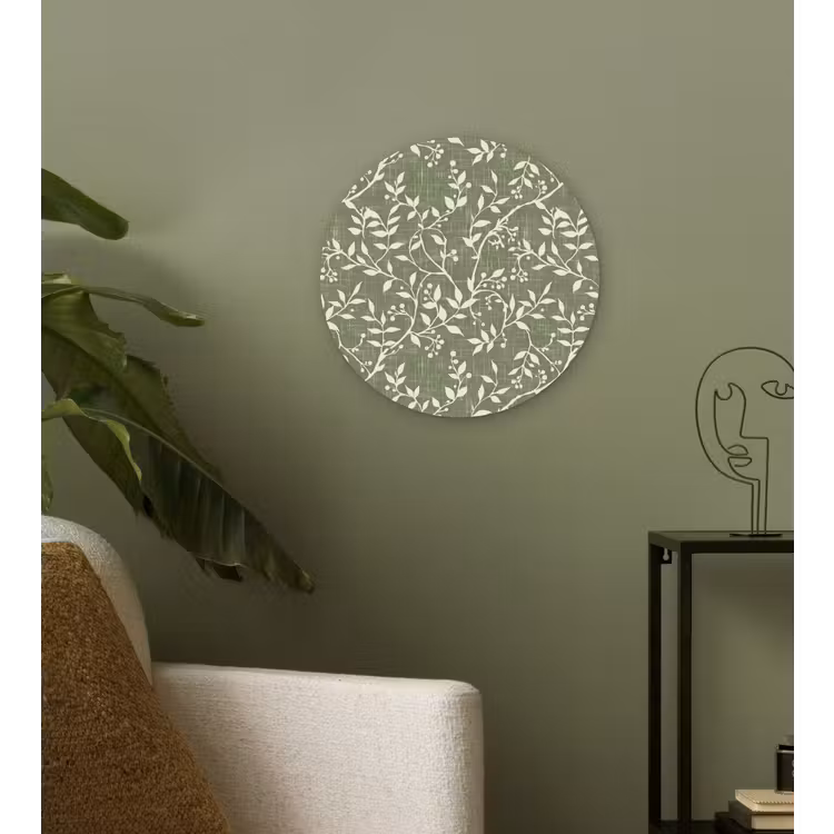 Glasbild Rund - Salbeigrün – Botanisch – Zweige – Beeren – Leinen – Muster — 3