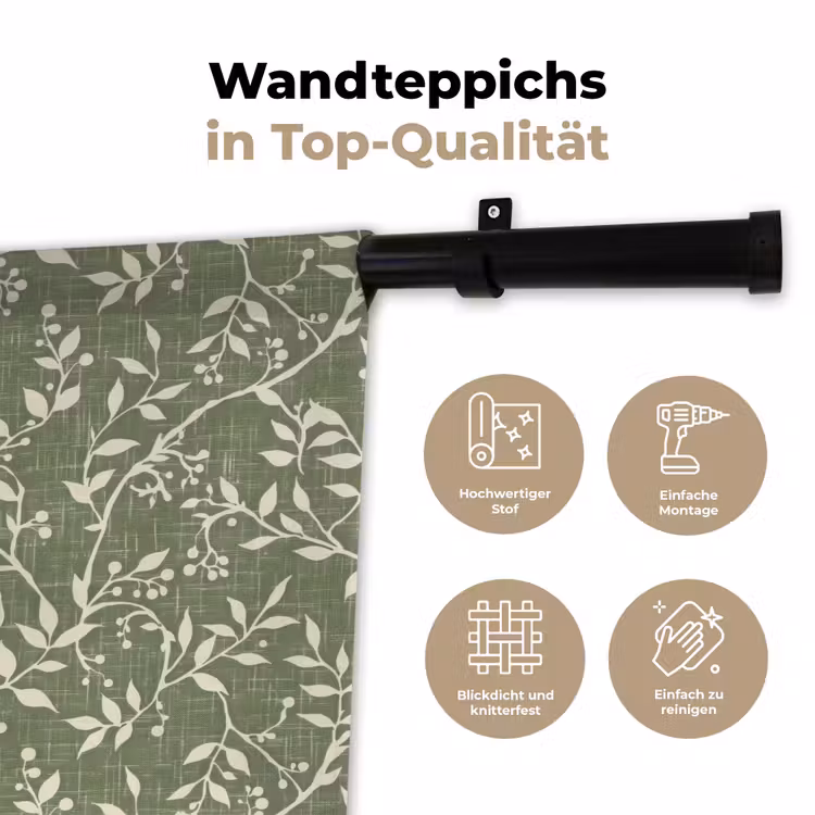 Wandteppich - Salbeigrün – Botanisch – Zweige – Beeren – Leinen – Muster — 7
