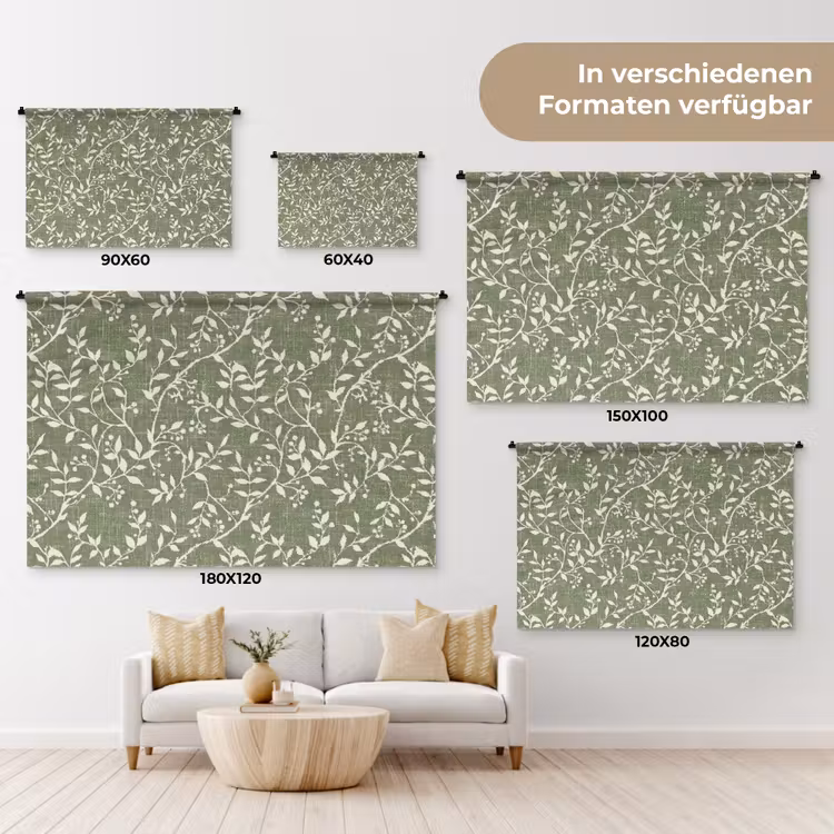 Wandteppich - Salbeigrün – Botanisch – Zweige – Beeren – Leinen – Muster — 8