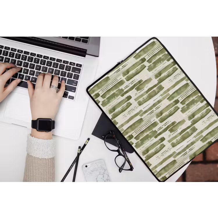 Laptop hülle - Grün – Abstrakt – Pinselstriche – Leinen – Muster — 3
