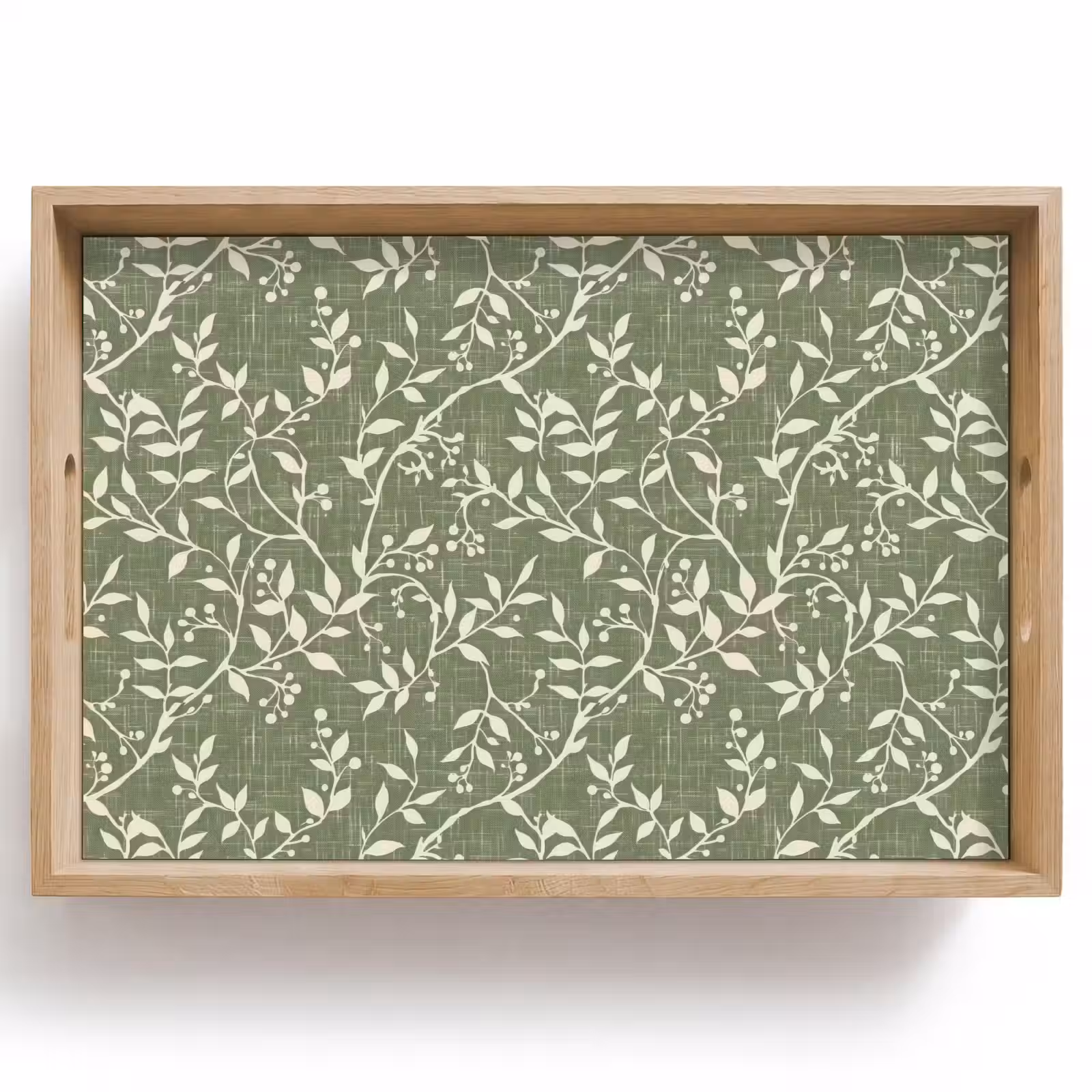 Tablett - Salbeigrün – Botanisch – Zweige – Beeren – Leinen – Muster — 1