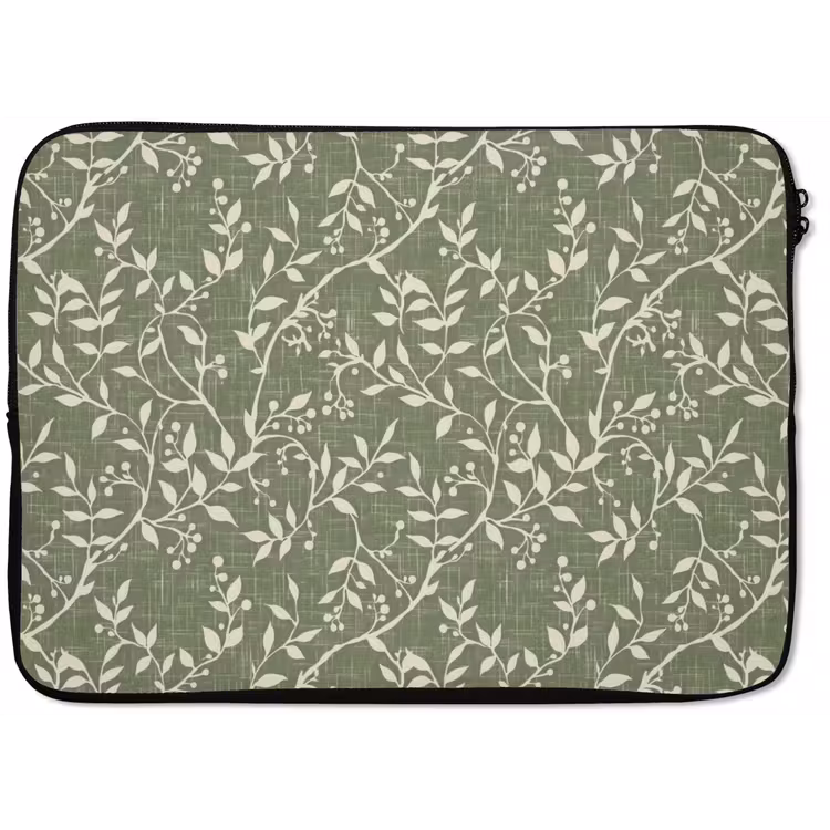 Laptop hülle - Salbeigrün – Botanisch – Zweige – Beeren – Leinen – Muster — 1