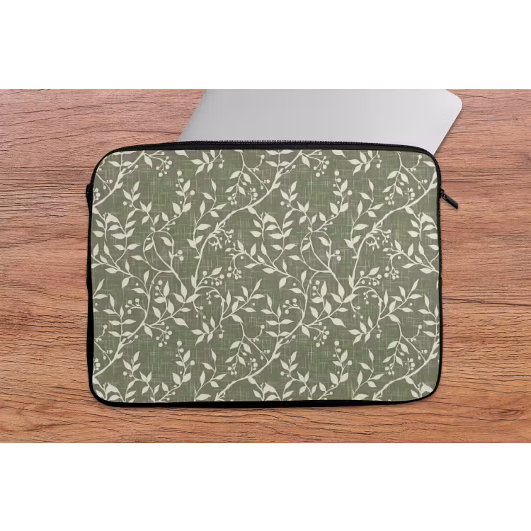 Laptop hülle - Salbeigrün – Botanisch – Zweige – Beeren – Leinen – Muster — 2