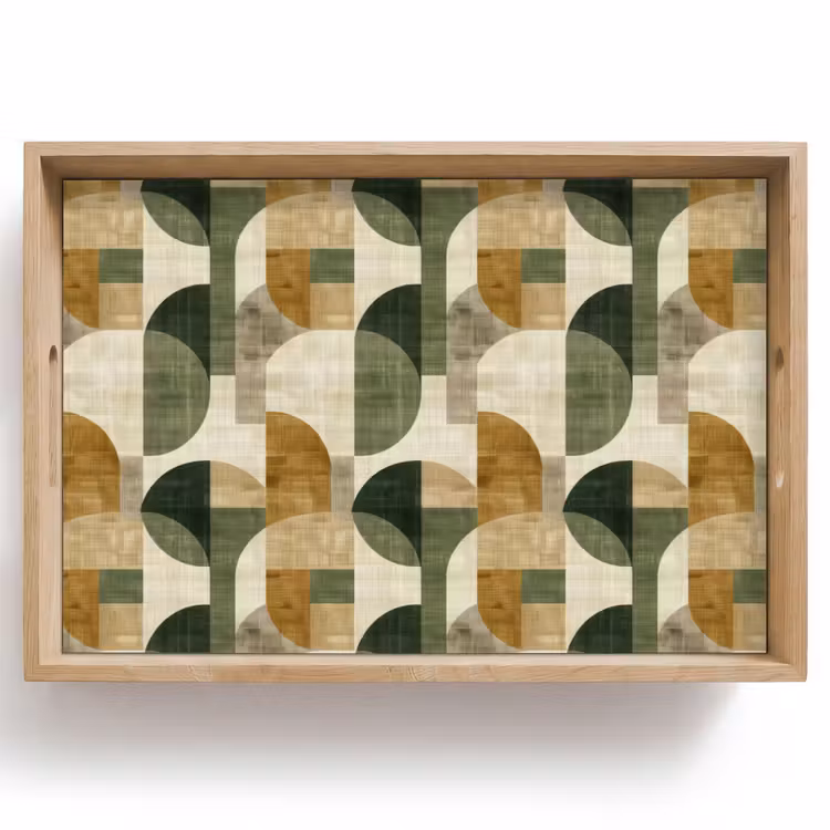 Tablett - Olivgrün – Geometrisch – Abstrakt – Mid-Century – Leinen – Muster — 1